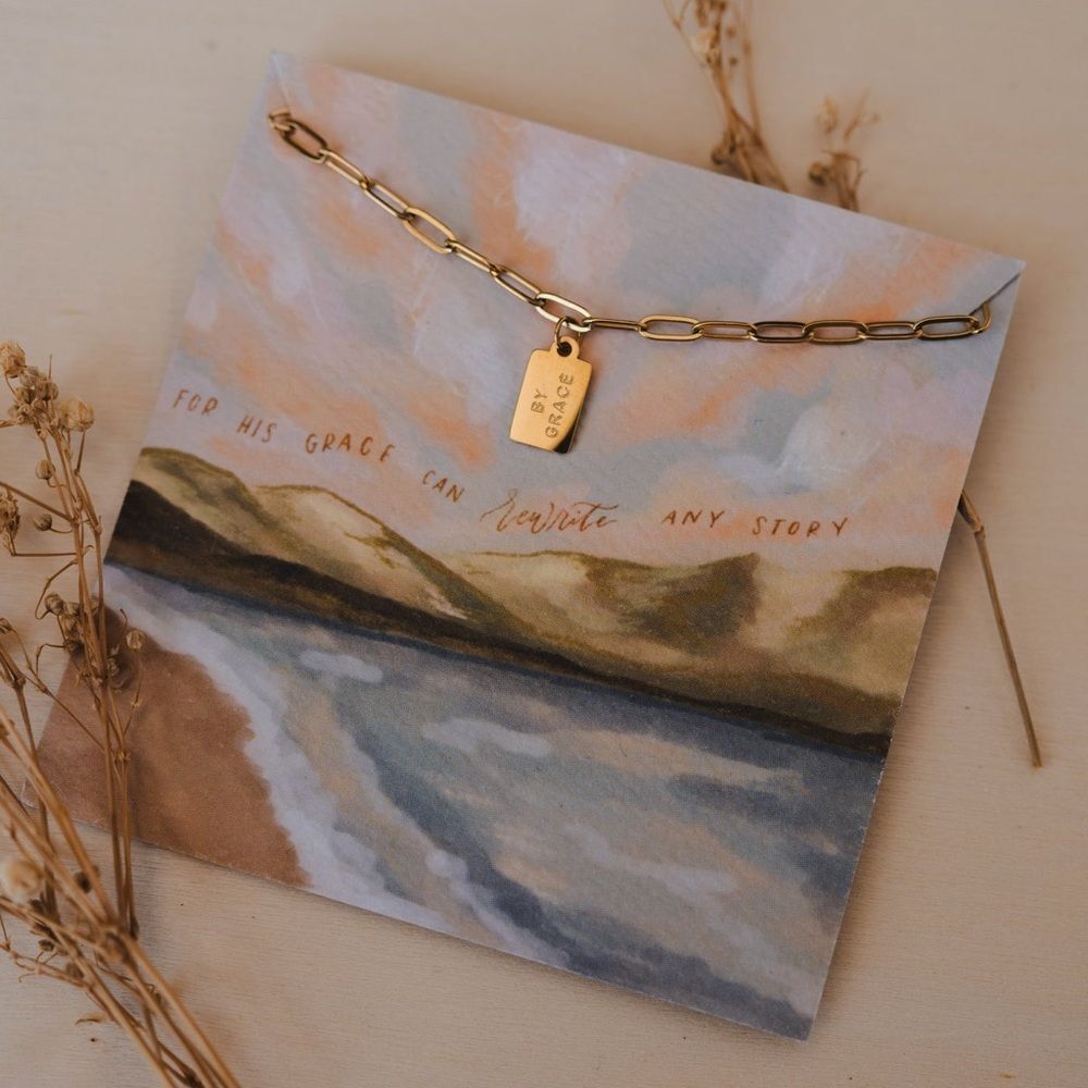 New Dear Heart Gold Link Chain Necklace with 'By His Grace' Tag